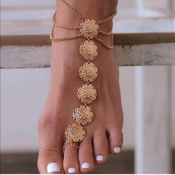 Yellow Gold Adjustable Boho Coin Anklet Foot Chains - Set of 2 - Picture 2 of 5